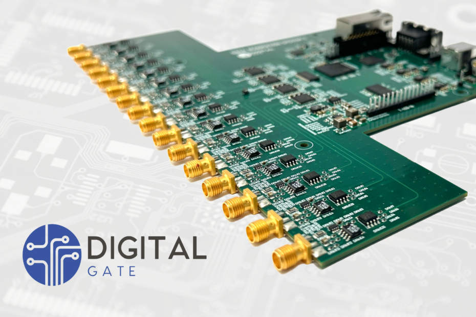 Data Acquistion PCB board with DigitalGate logo on a gray background